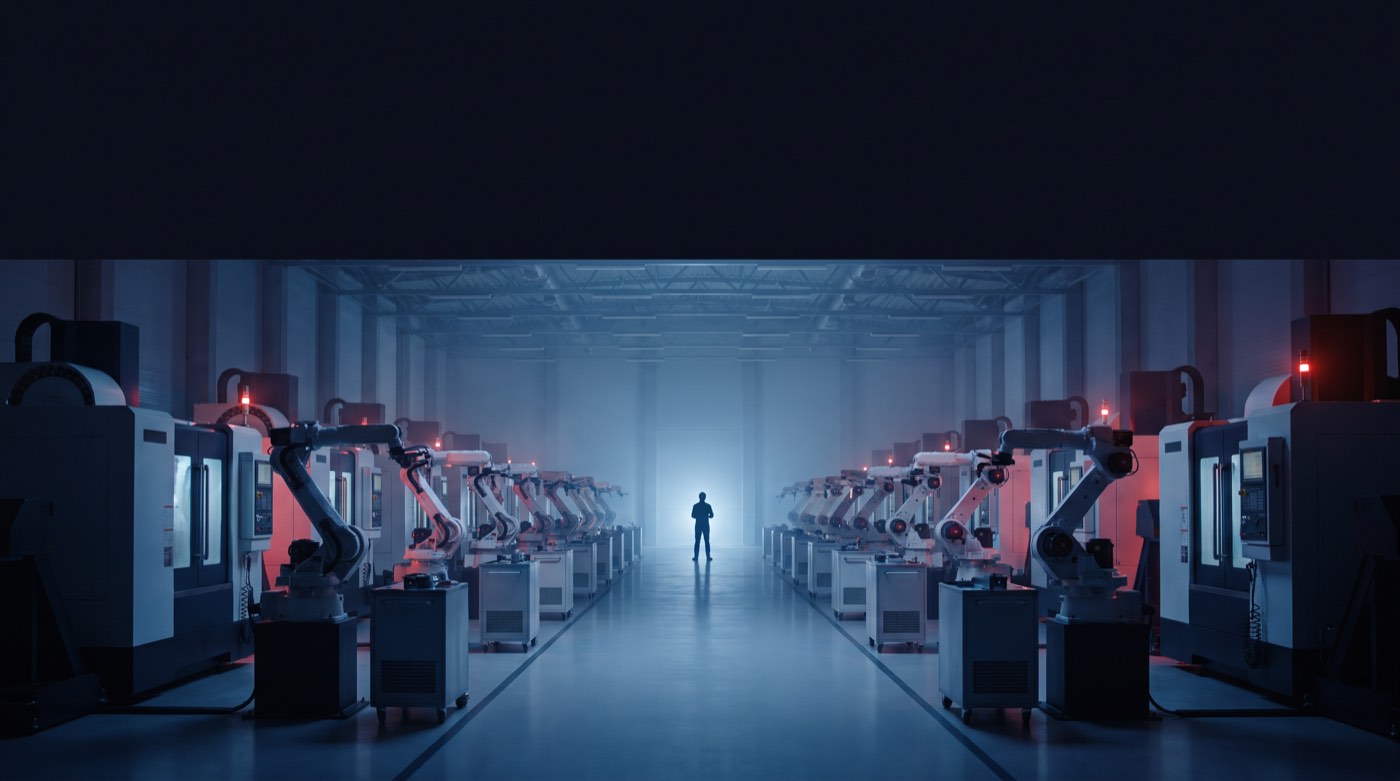 An industrial factory hall with warm red lights